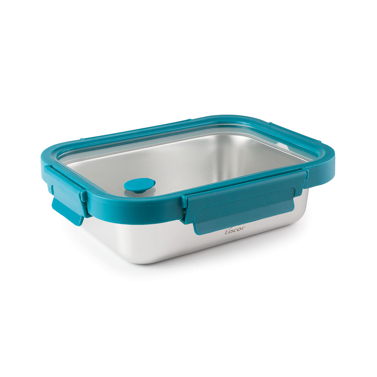 Lacor Etern - Recipiente Rectangular Bajo de 0.8L en Acero y Tapa de Cristal Apto Microondas