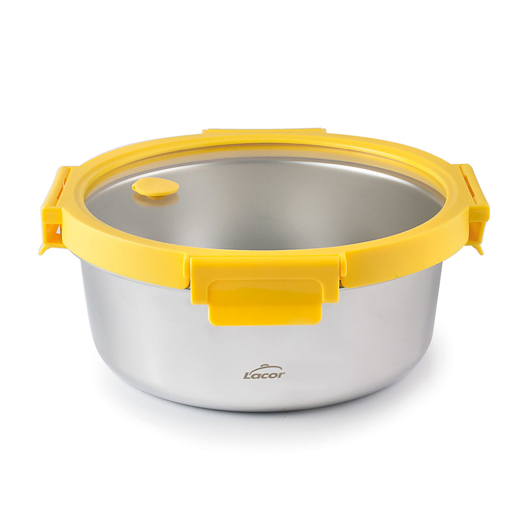 LACOR Etern - Recipiente Redondo de 1.5L en Acero y Tapa de Cristal Apto Microondas