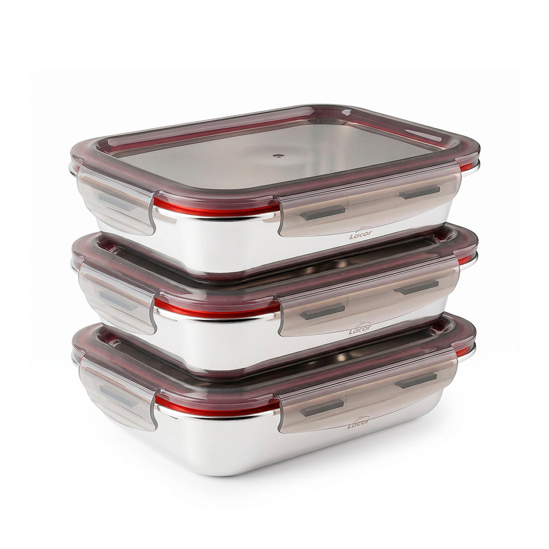 LACOR EcoInox - Lote de 3 Recipientes Rectangulares Bajos de 0.8L en Acero Inoxidable Apto Microondas