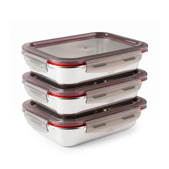 LACOR EcoInox - Lote de 3 Recipientes Rectangulares Bajos de 0.8L en Acero Inoxidable Apto Microondas