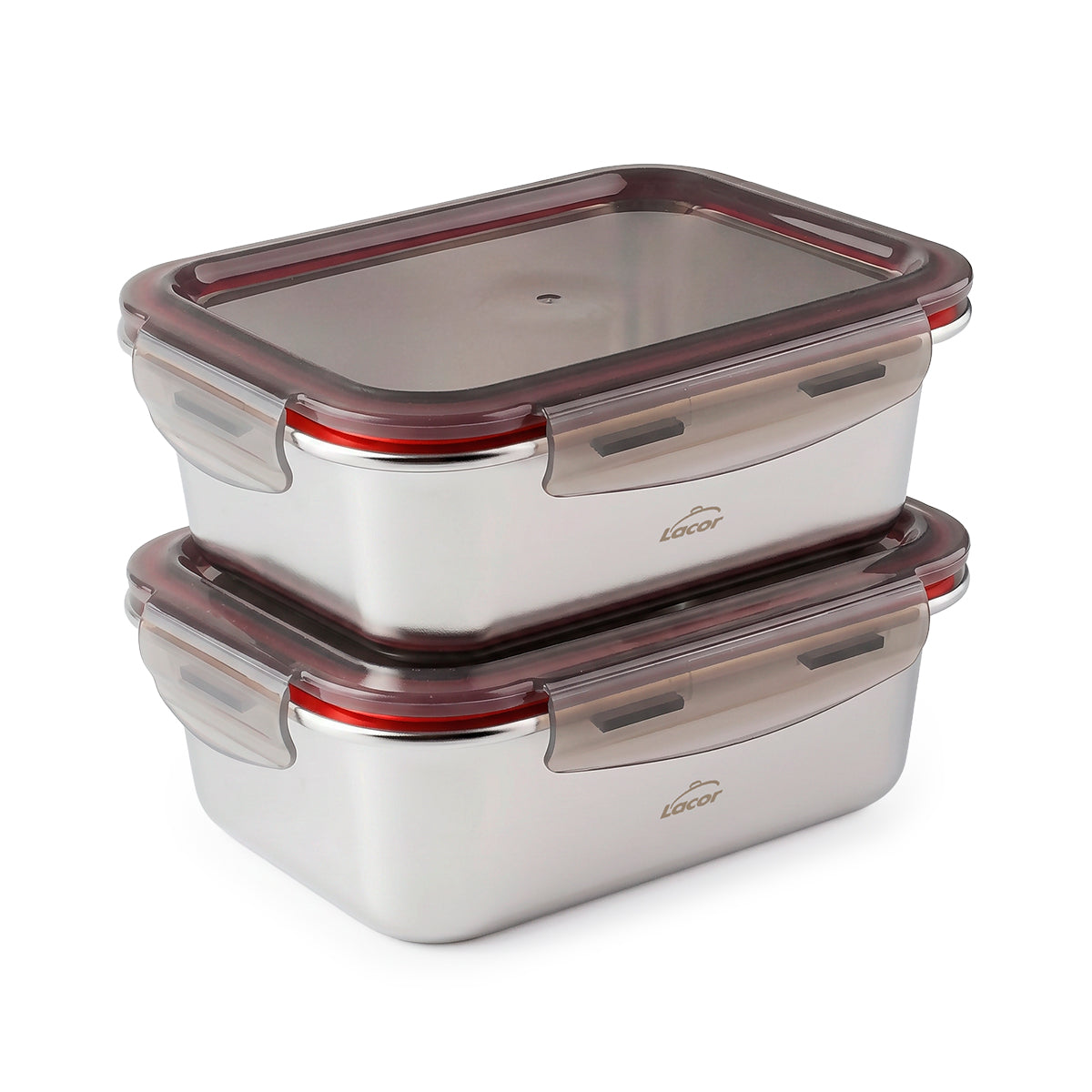 LACOR EcoInox - Lote de 2 Recipientes Rectangulares de 1.2L en Acero Inoxidable Apto Microondas