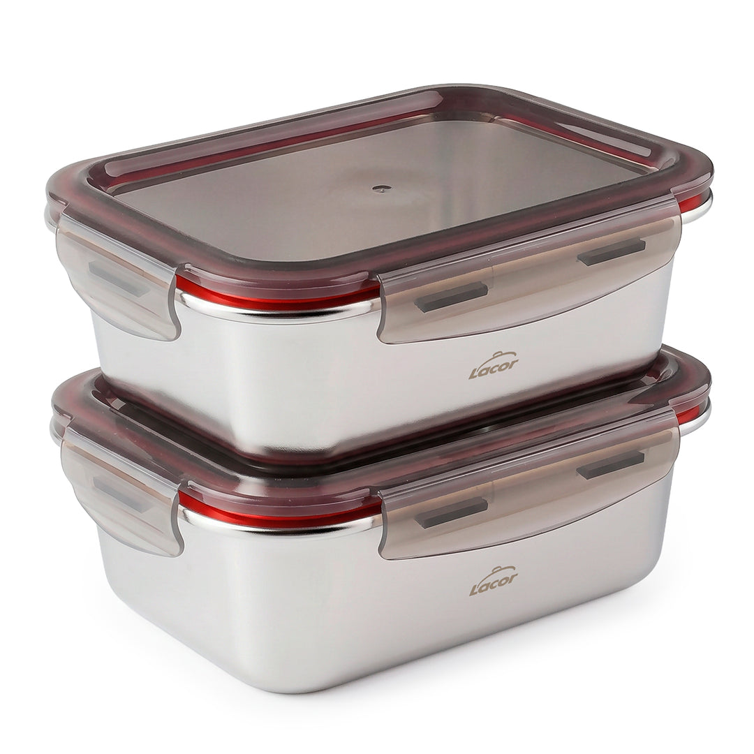 LACOR EcoInox - Lote de 2 Recipientes Rectangulares de 1.8L en Acero Inoxidable Apto Microondas