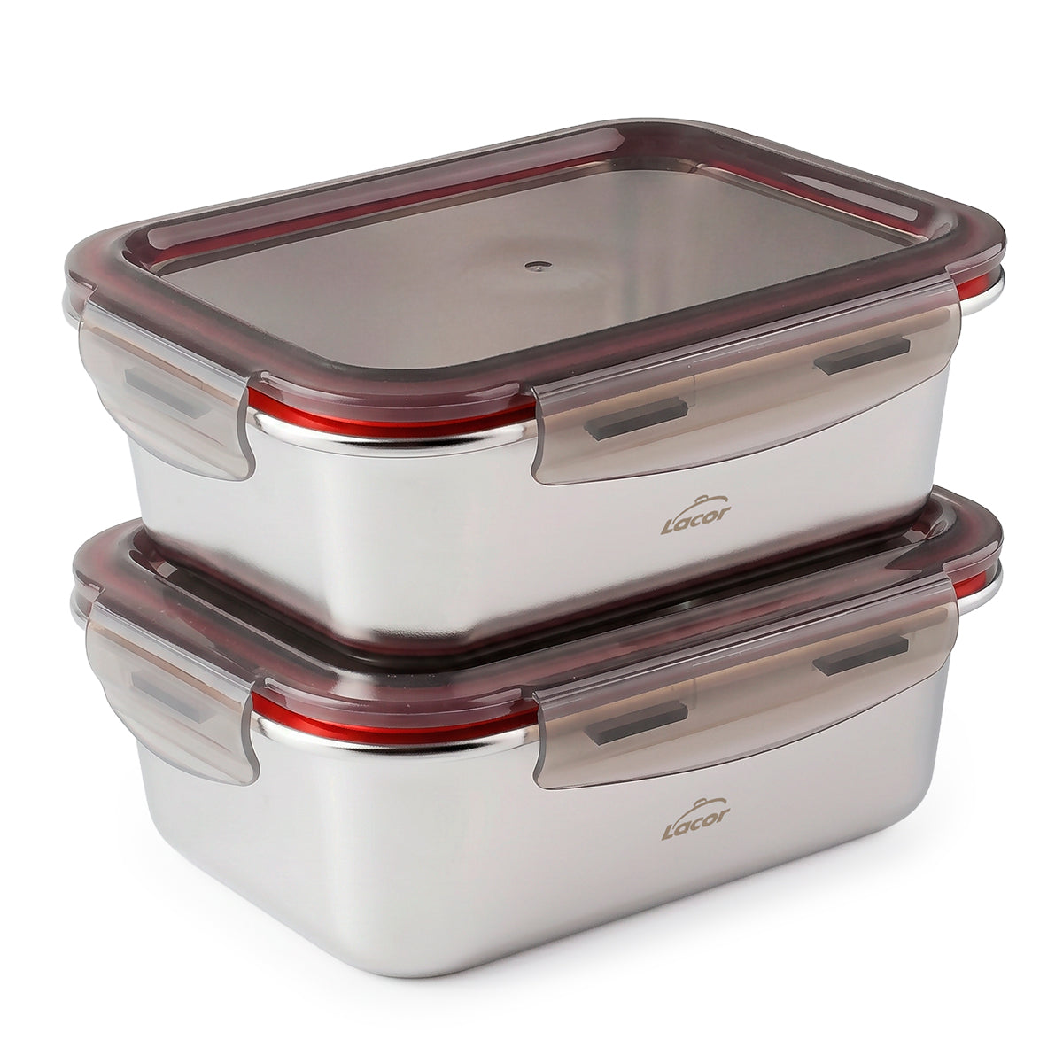 LACOR EcoInox - Lote de 2 Recipientes Rectangulares de 1.8L en Acero Inoxidable Apto Microondas