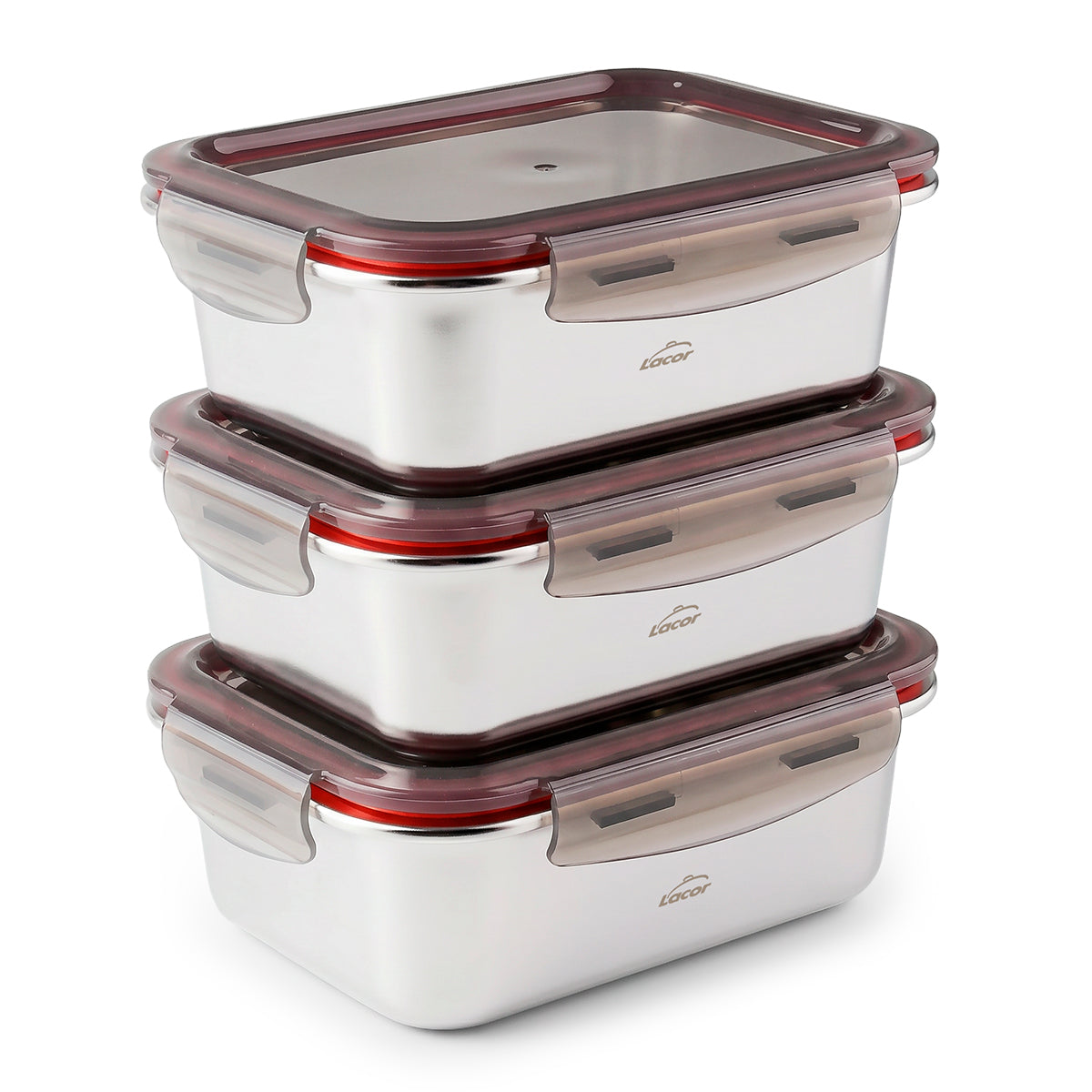 LACOR EcoInox - Lote de 3 Recipientes Rectangulares de 0.8L en Acero Inoxidable Apto Microondas