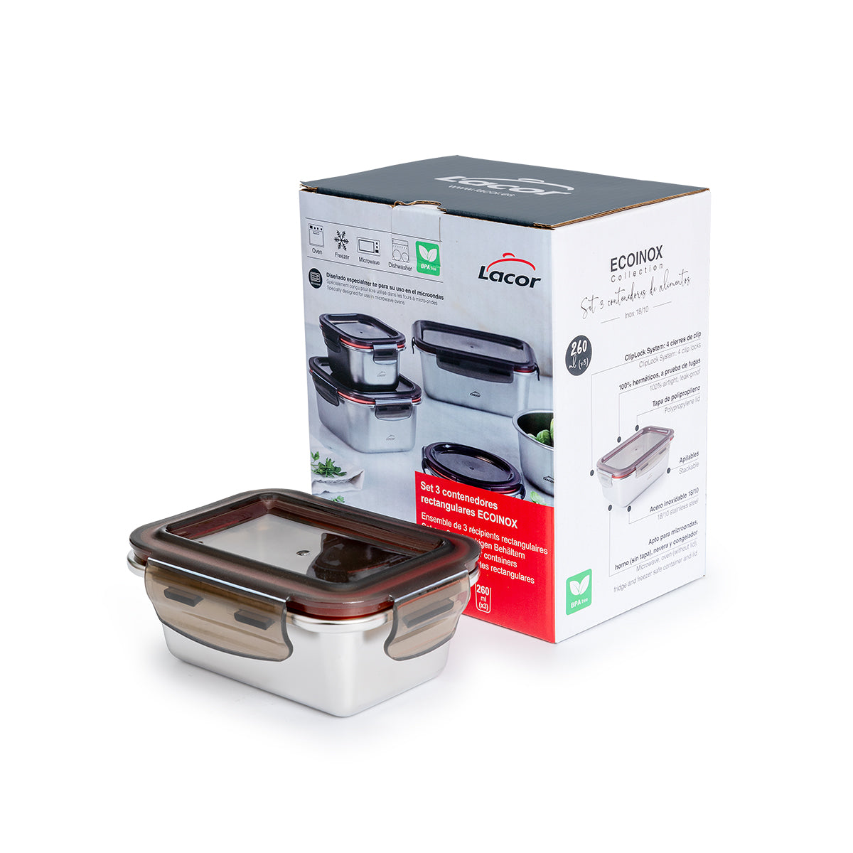 LACOR EcoInox - Lote de 3 Recipientes Rectangulares Baby de 0.25L en Acero Apto Microondas