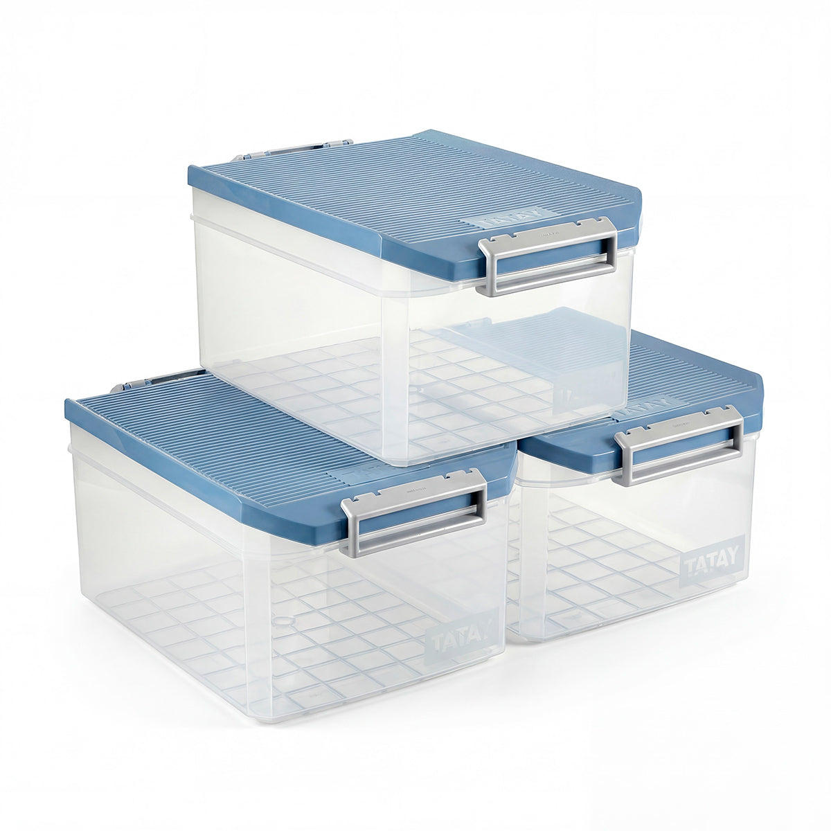 TATAY - Lote de 3 Cajas de Ordenación Multiusos de 14L con Cierre Hermético. Azul Paloma