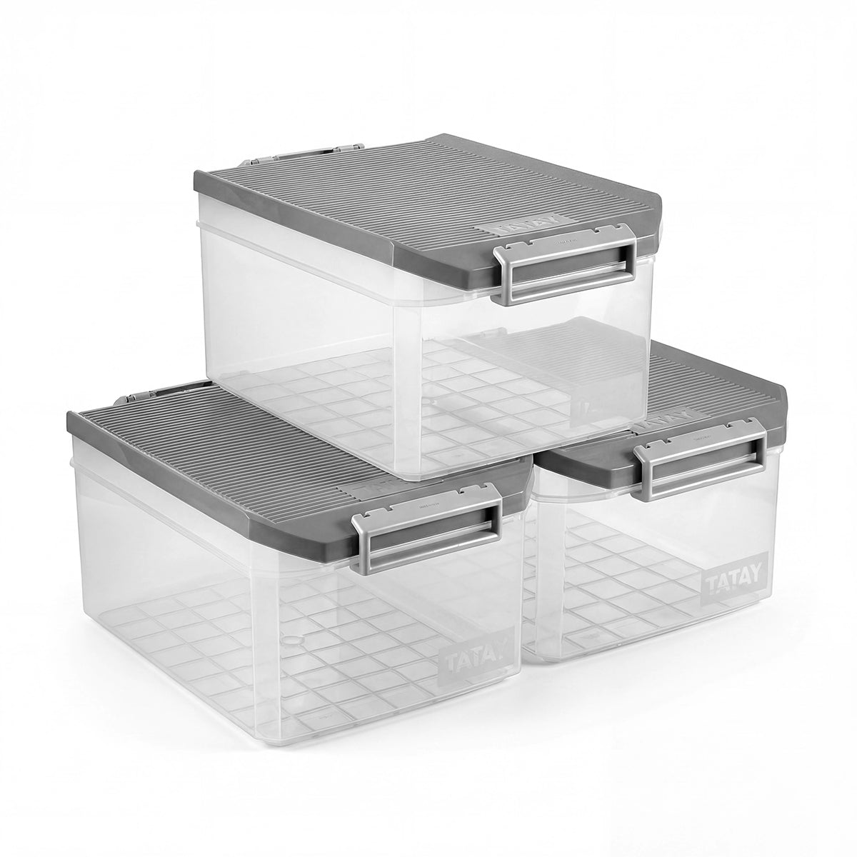 TATAY - Lote de 3 Cajas de Ordenación Multiusos de 14L con Cierre Hermético. Gris