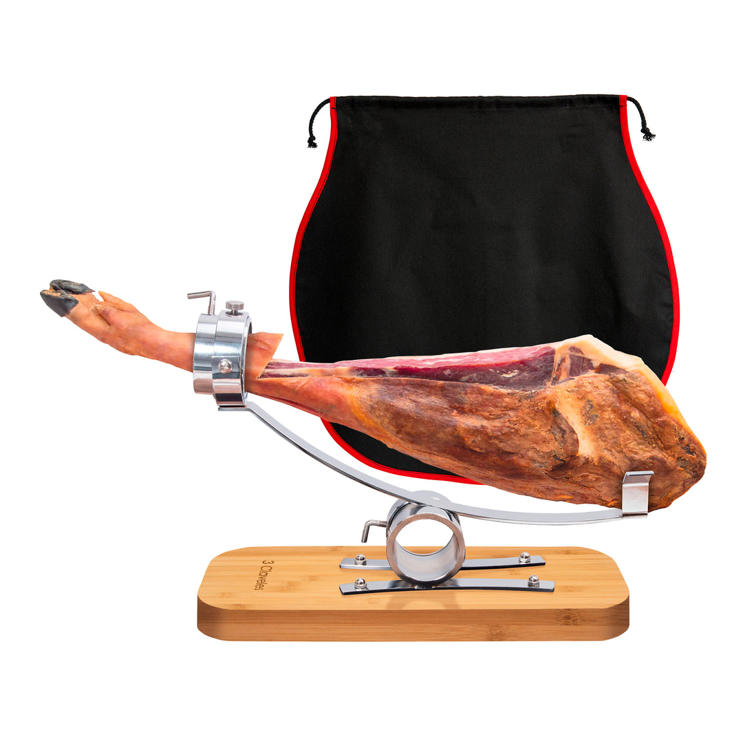 3 Claveles - Soporte Jamonero Basculante en Madera de Bambú y Chasis de Acero con Cubre Jamón