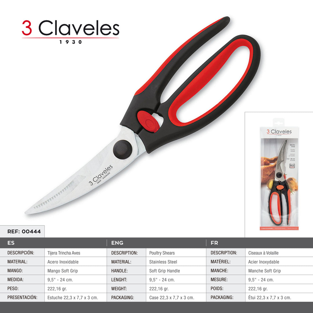 3 Claveles - Tijera Trincha Aves Dentada 9.5" 24 cm. Acero Inoxidable Mango Ergonómico