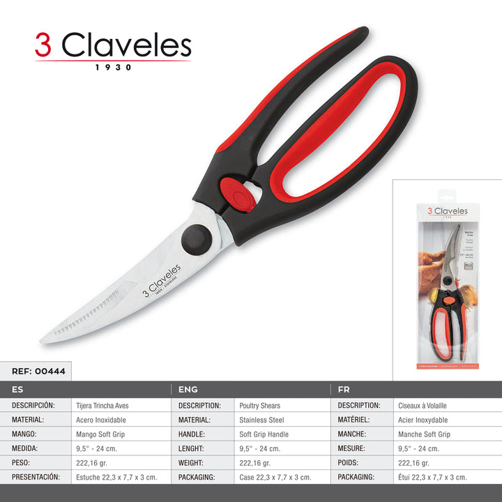 3 Claveles - Tijera Trincha Aves Dentada 9.5" 24 cm. Acero Inoxidable Mango Ergonómico