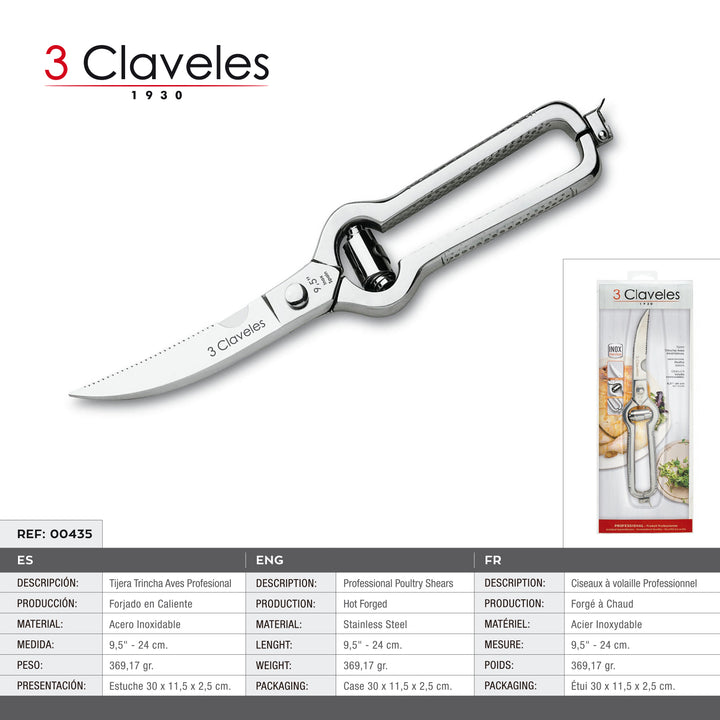 3 Claveles - Tijera Trincha Aves Profesional de 9.5" 24 cm. Acero Forjado en Caliente