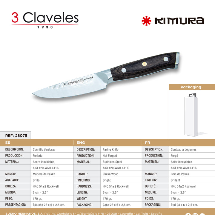 3 Claveles Kimura - Cuchillo Cocina 9 cm Acero Forjado Hoja Martilleada Mango Pakka