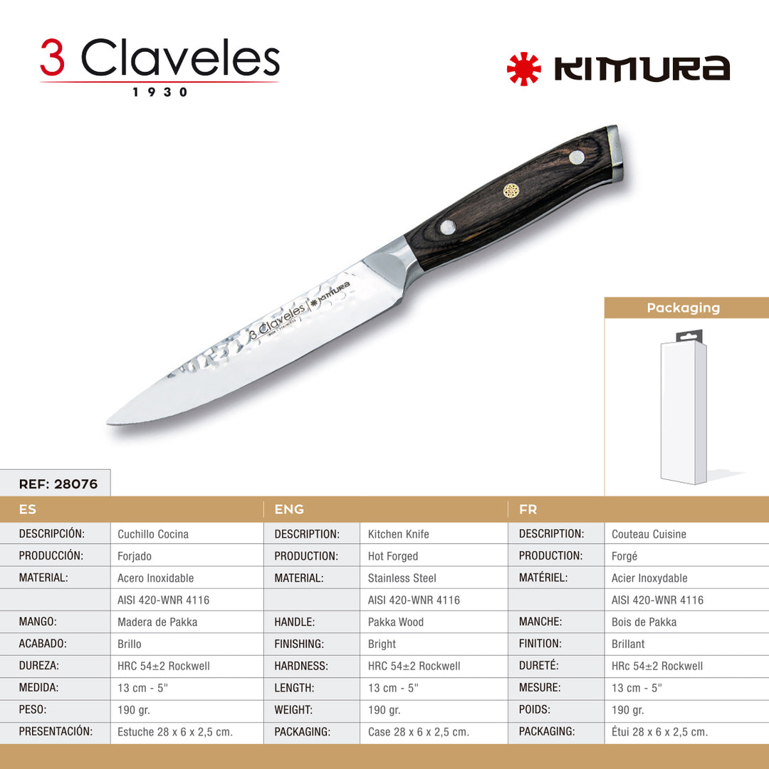 3 Claveles Kimura - Cuchillo Cocina 13 cm Acero Forjado Hoja Martilleada Mango Pakka