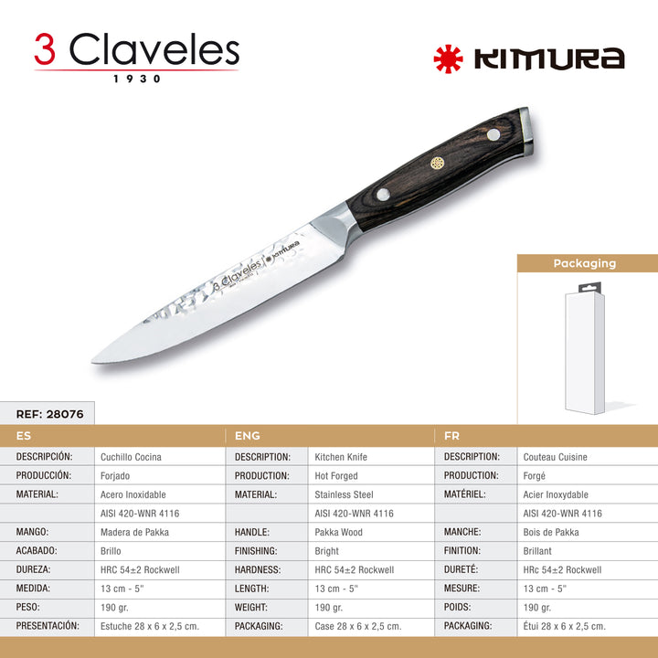 3 Claveles Kimura - Cuchillo Cocina 13 cm Acero Forjado Hoja Martilleada Mango Pakka
