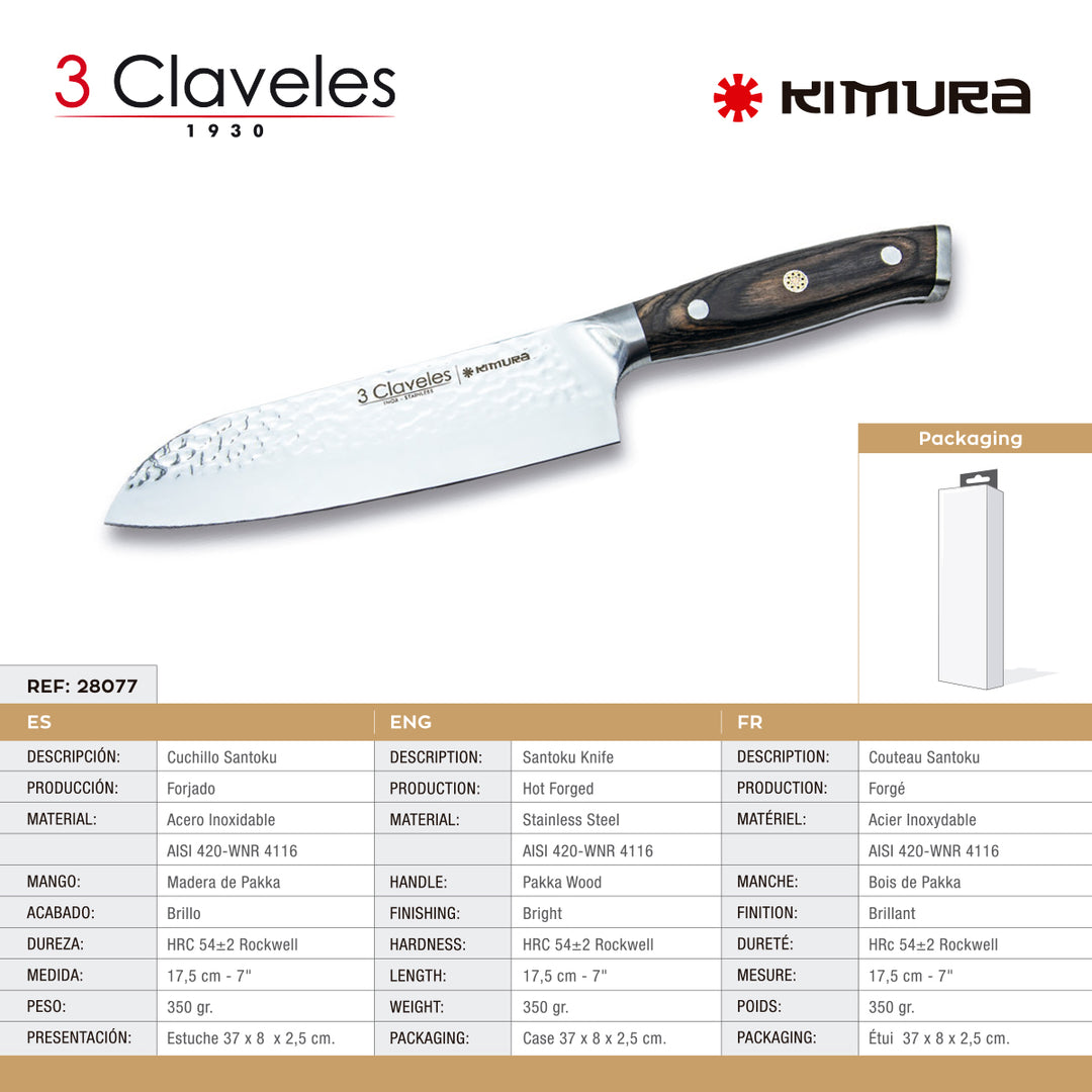 3 Claveles Kimura - Cuchillo Santoku 17.5 cm Acero Forjado Hoja Martilleada Mango Pakka
