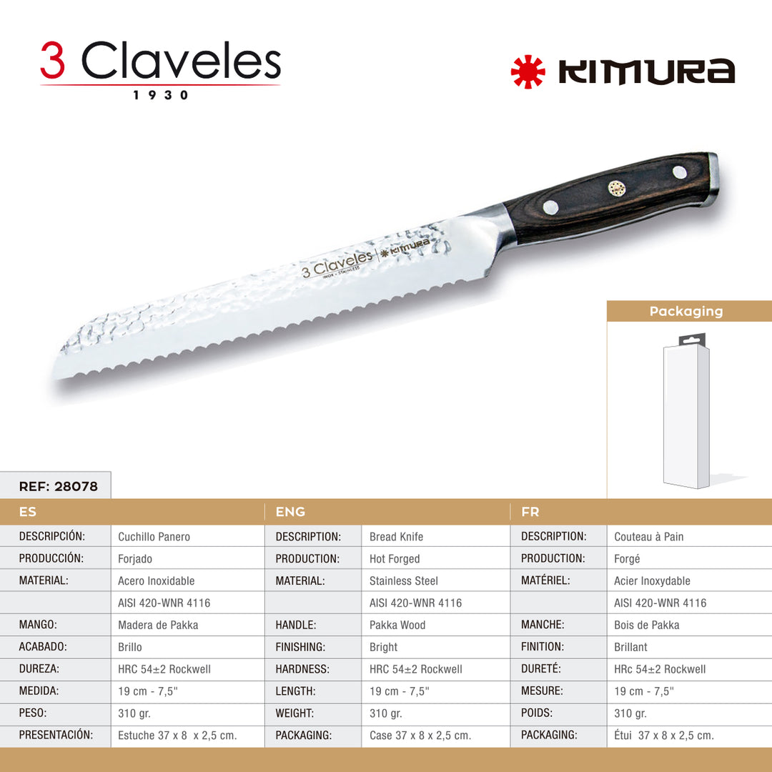 3 Claveles Kimura - Cuchillo Panero 19 cm Acero Forjado Hoja Martilleada Mango Pakka