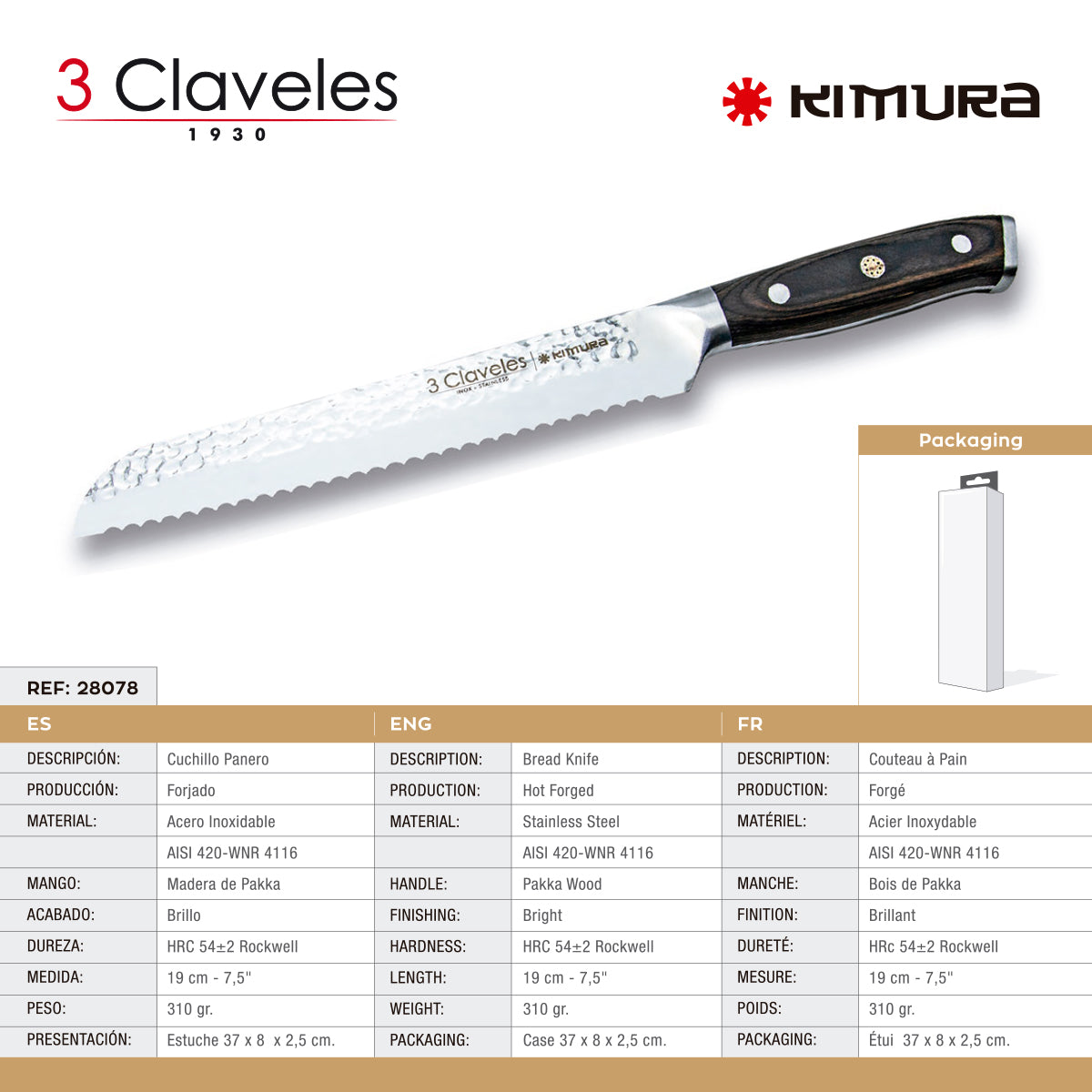 3 Claveles Kimura - Cuchillo Panero 19 cm Acero Forjado Hoja Martilleada Mango Pakka