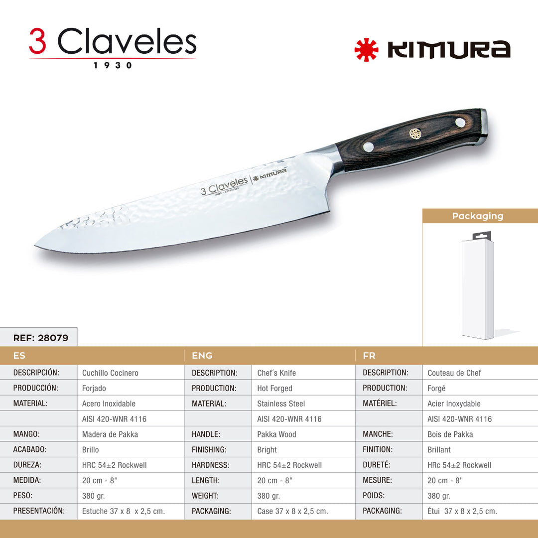 3 Claveles Kimura - Cuchillo Cocinero 20 cm Acero Forjado Hoja Martilleada Mango Pakka
