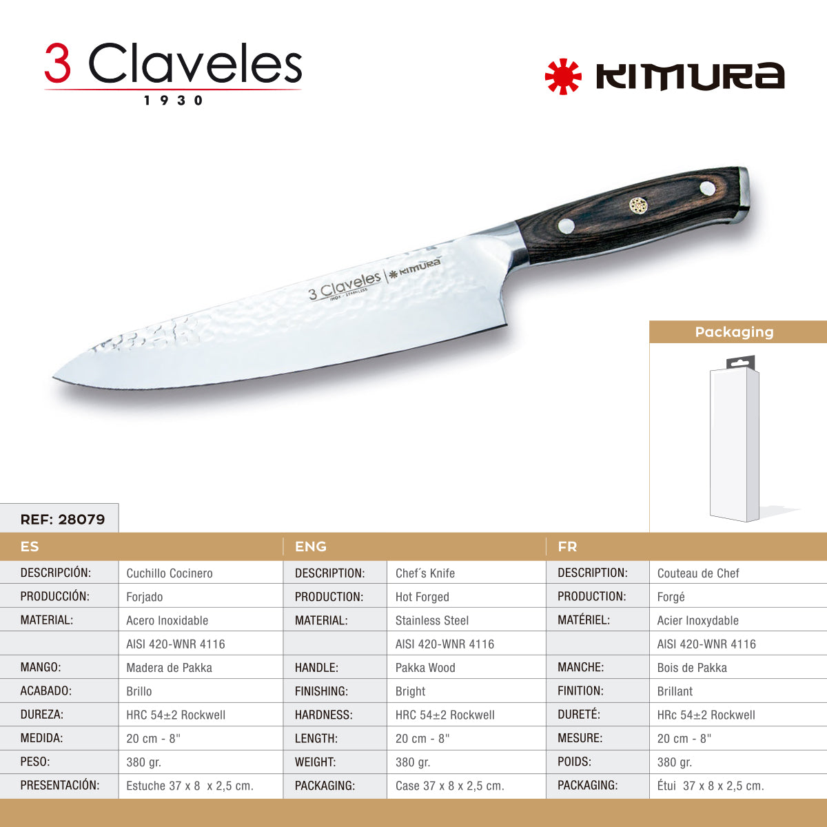 3 Claveles Kimura - Cuchillo Cocinero 20 cm Acero Forjado Hoja Martilleada Mango Pakka