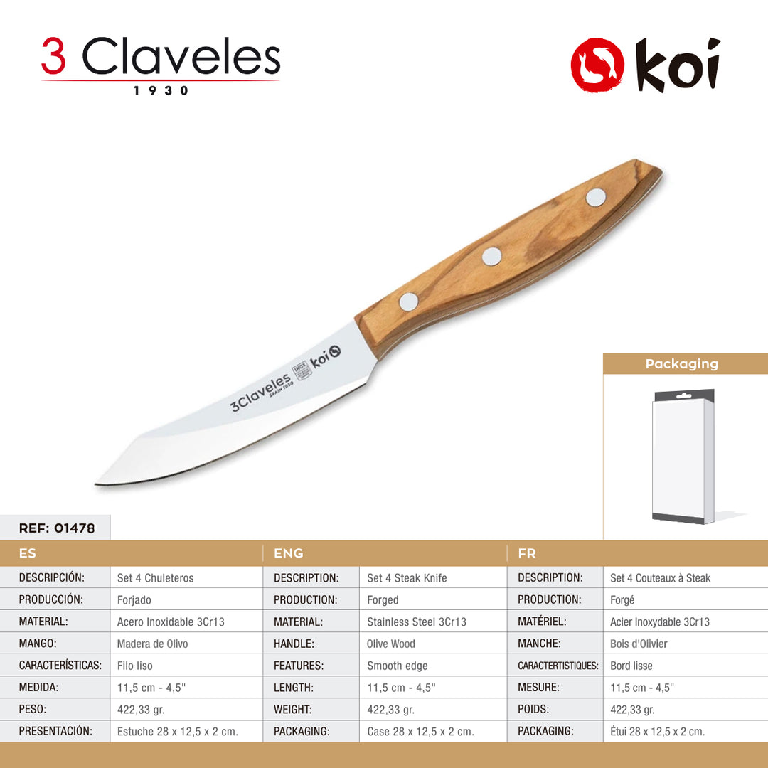 3 Claveles Koi - Set de 4 Cuchillos Chuleteros Lisos 11.5 cm en Acero Inox. Mango Olivo