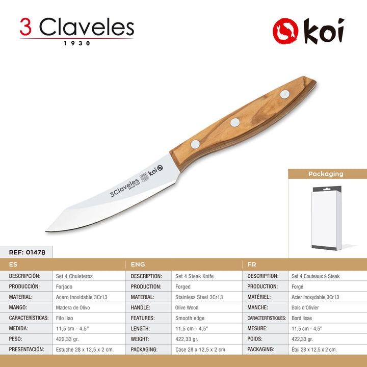 3 Claveles Koi - Set de 4 Cuchillos Chuleteros Lisos 11.5 cm en Acero Inox. Mango Olivo
