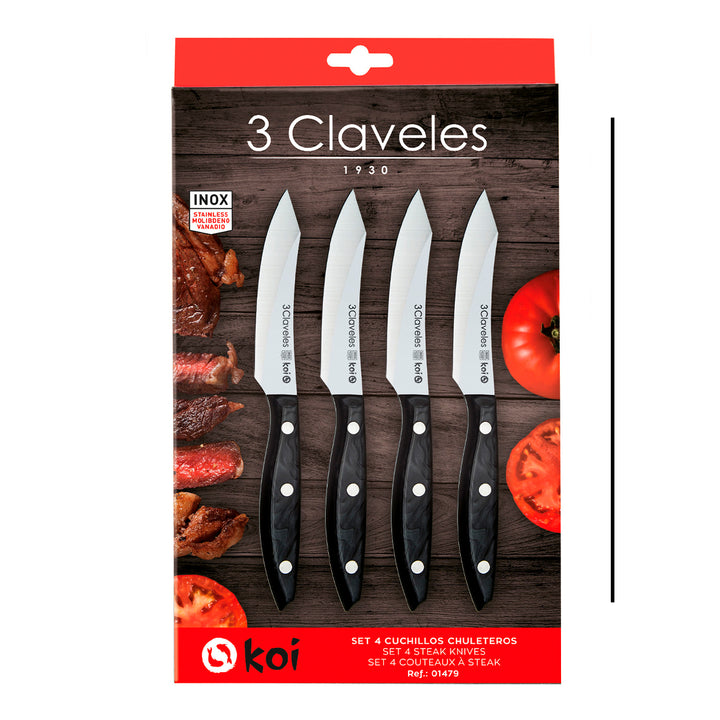 3 Claveles Koi - Set de 4 Cuchillos Chuleteros Lisos 11.5 cm en Acero Inox. Mango Negro