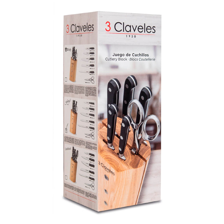 3 Claveles Toledo - Juego de 5 Cuchillos de Cocina y Tijeras. Taco ASH. Forjados en Caliente