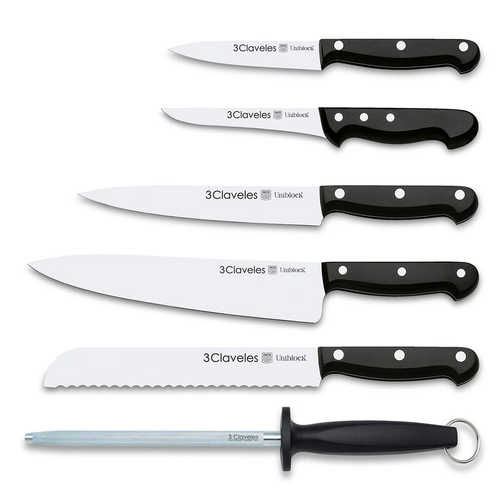 3 Claveles Uniblock - Estuche Profesional Cocinero con 5 Cuchillos y Chaira Incluidos