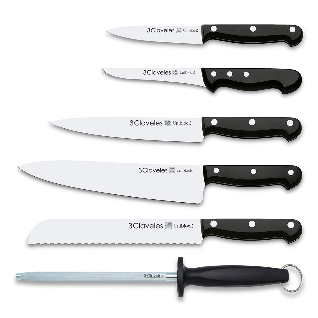 3 Claveles Uniblock - Estuche Profesional Cocinero con 5 Cuchillos y Chaira Incluidos