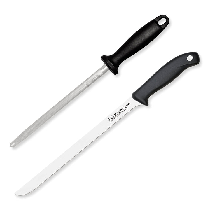 3 Claveles EVO - Set Cuchillo Jamonero Flexible de 25 cm con Chaira de 20 cm