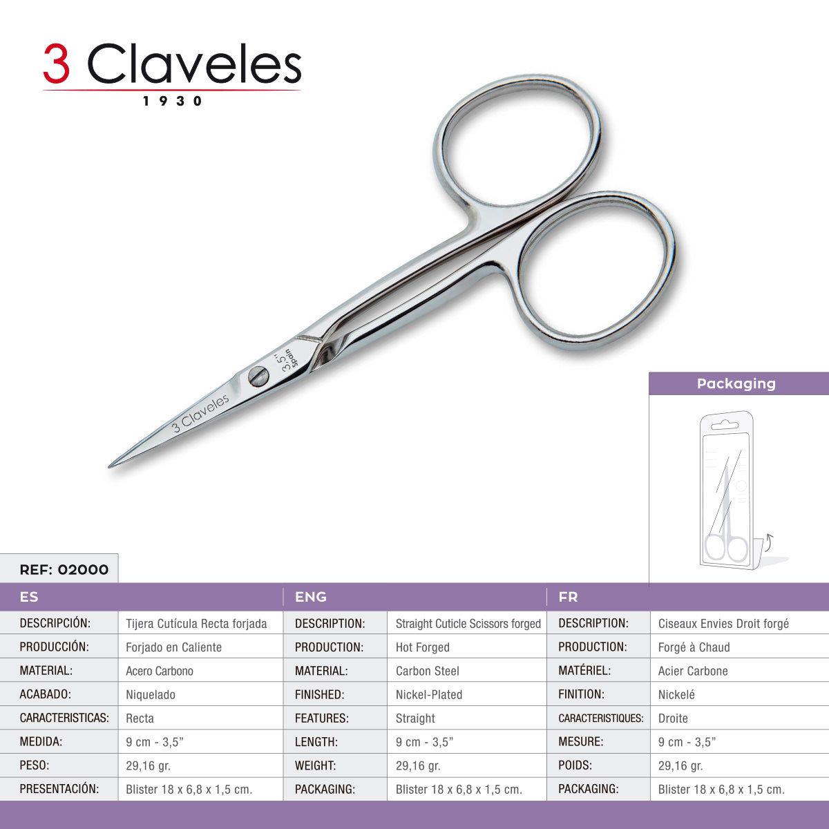 3 Claveles - Tijeras de Cutículas Pro 9 cm Corte Recto. Acero Carbono Forjado en Caliente