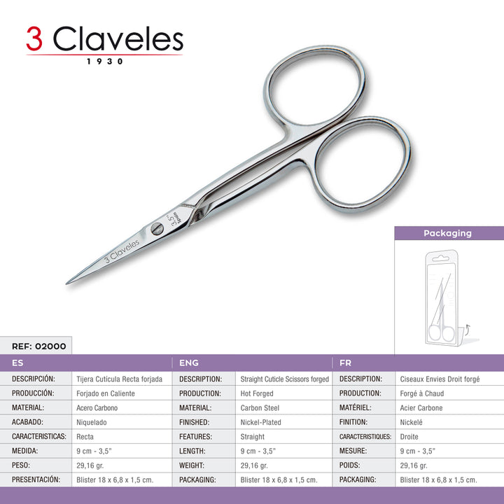 3 Claveles - Tijeras de Cutículas Pro 9 cm Corte Recto. Acero Carbono Forjado en Caliente