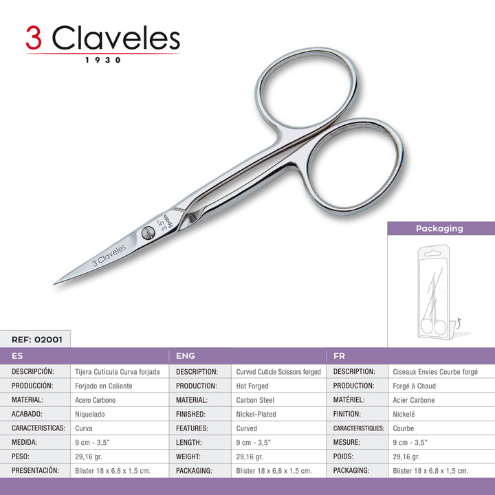 3 Claveles - Tijeras de Cutículas Pro 9 cm Corte Curvo. Acero al Carbono Forjado en Caliente