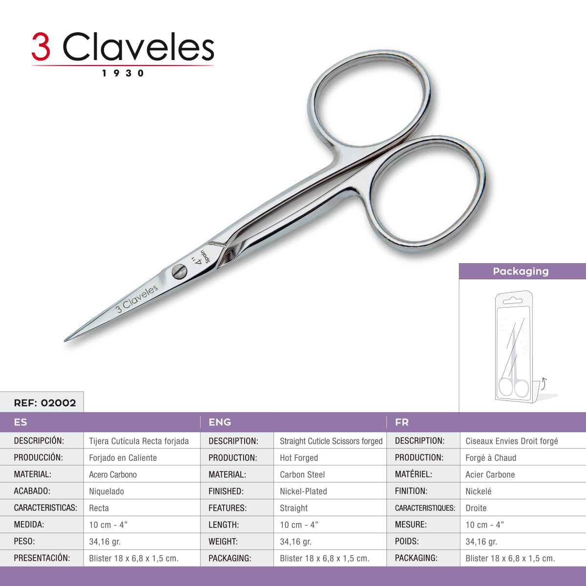 3 Claveles - Tijeras de Cutículas Pro 10 cm Corte Recto. Acero Carbono Forjado en Caliente