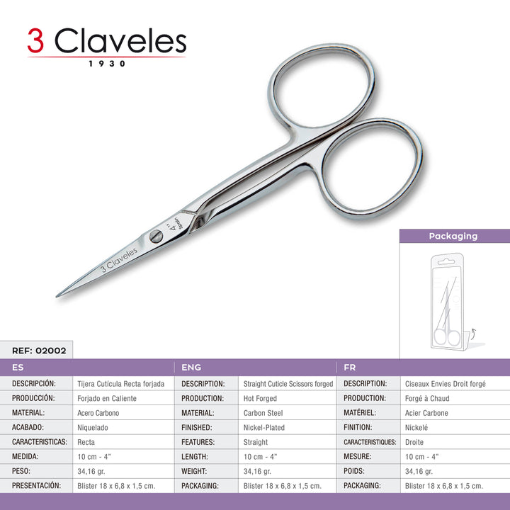 3 Claveles - Tijeras de Cutículas Pro 10 cm Corte Recto. Acero Carbono Forjado en Caliente