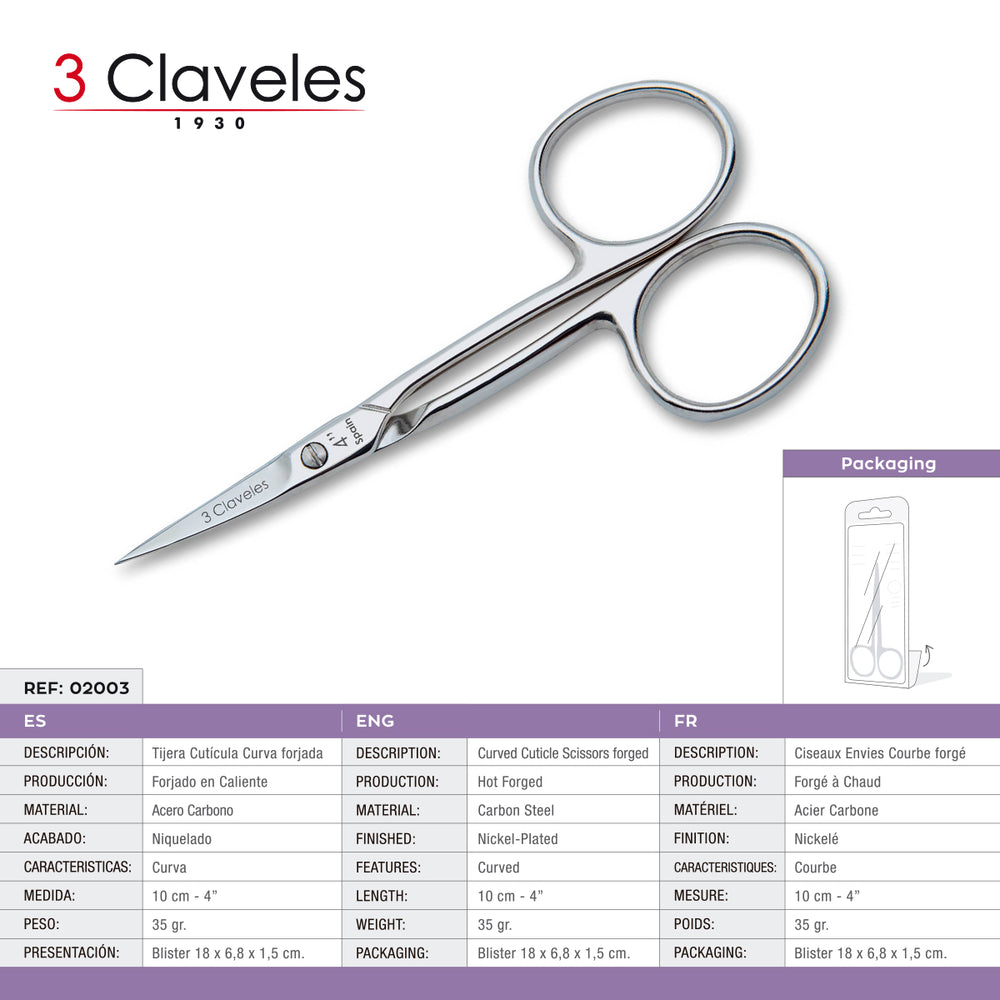 3 Claveles - Tijeras de Cutículas Pro 10 cm Corte Curvo. Acero al Carbono Forjado en Caliente