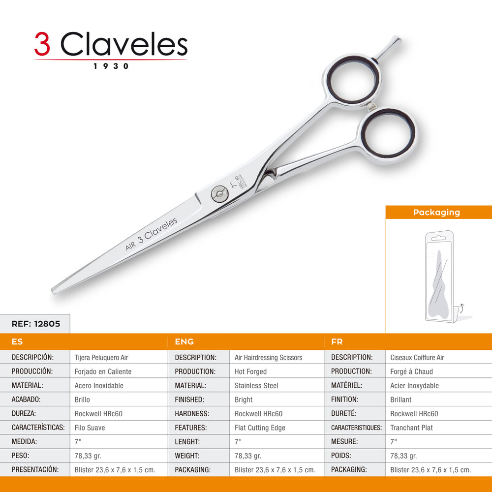 3 Claveles Air - Tijera Profesional Peluquero 7" Acero Inox. Filo Suave Forjado en Caliente