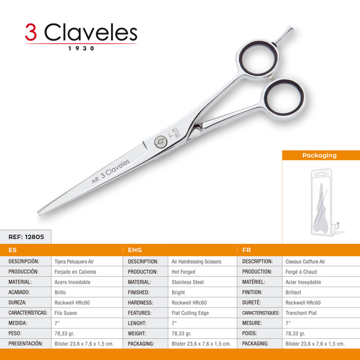 3 Claveles Air - Tijera Profesional Peluquero 7" Acero Inox. Filo Suave Forjado en Caliente