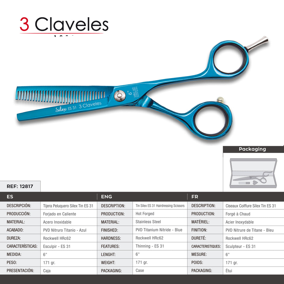 3 Claveles Silex - Tijera Profesional Peluquero 6" Esculpir ES 31 Acero PVD Titanio Forjado en Caliente