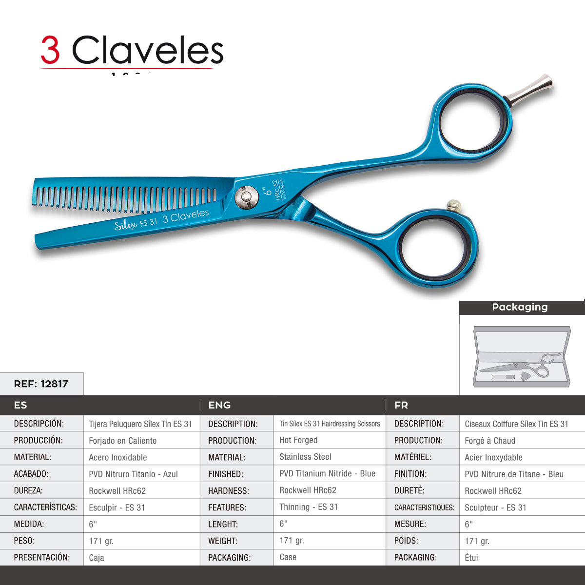 3 Claveles Silex - Tijera Profesional Peluquero 6" Esculpir ES 31 Acero PVD Titanio Forjado en Caliente