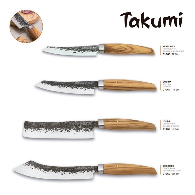 3 Claveles Takumi - Juego de 4 Cuchillos Profesionales Forjados y Soporte de Bambú