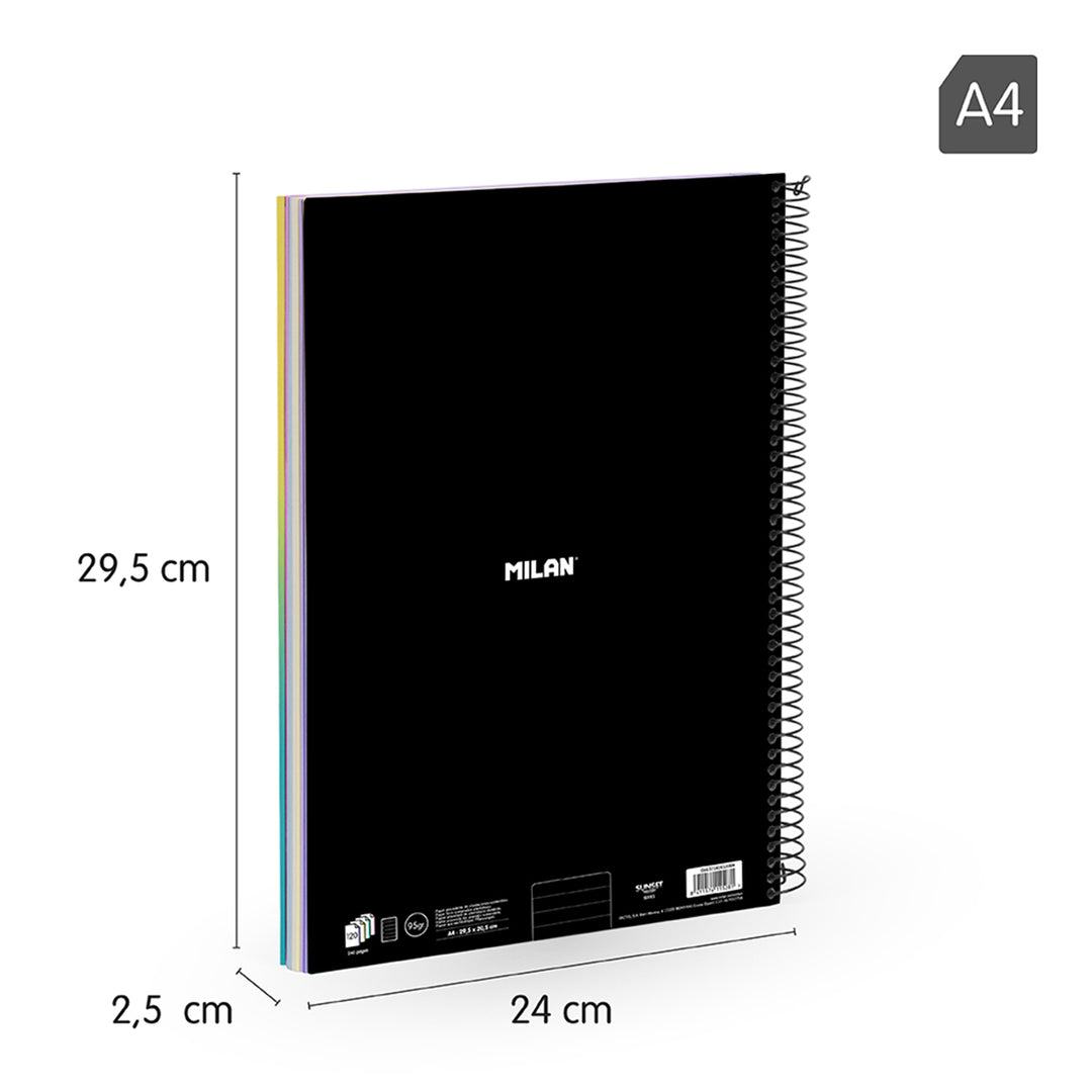 MILAN Sunset - Pack 3 Cuadernos A4 Espiral y Tapa Dura. Papel Pautado 120 Hojas 95gr