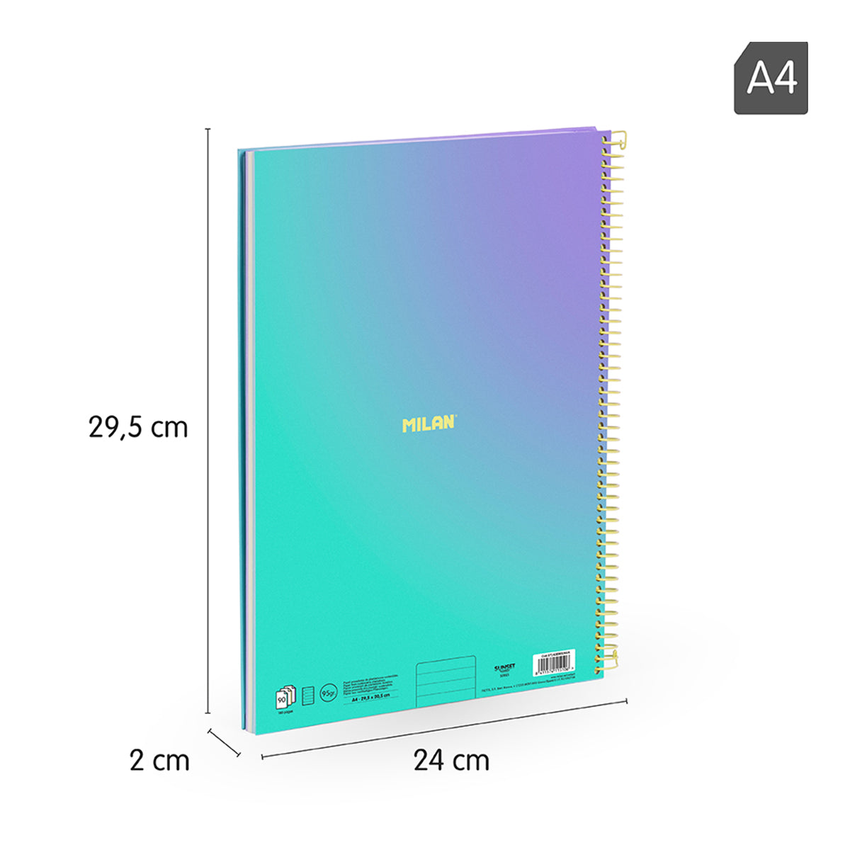 MILAN Sunset - Pack 3 Cuadernos A4 Espiral y Tapa Dura. Papel Pautado 90 Hojas 95gr Turquesa
