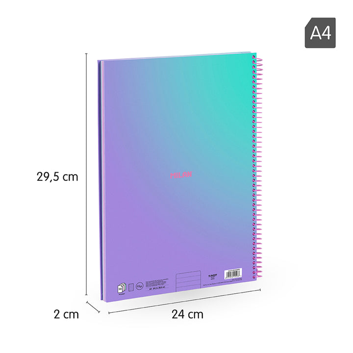 MILAN Sunset - Pack 3 Cuadernos A4 Espiral y Tapa Dura. Papel Pautado 90 Hojas 95gr Lila