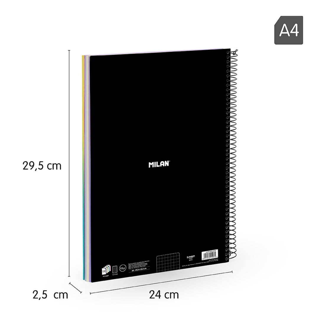 MILAN Sunset - Pack 3 Cuadernos A4 Espiral y Tapa Dura. Papel Cuadriculado 90 Hojas 95gr