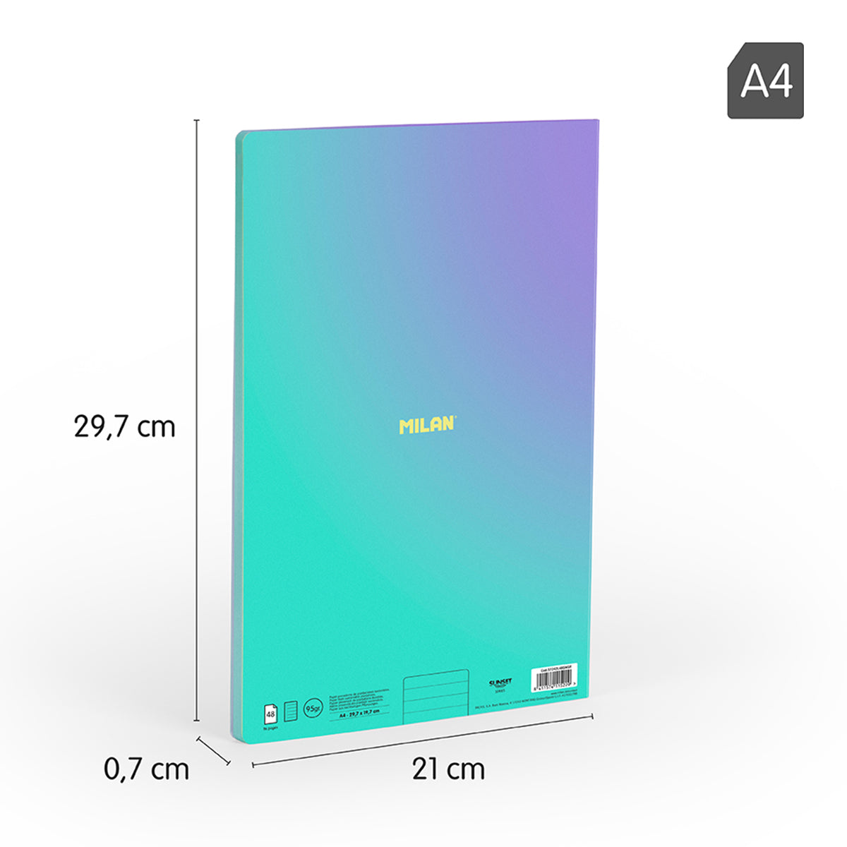 MILAN Sunset - Pack 3 Libretas A4 Encoladas. Papel Pautado 48 Hojas 95gr Turquesa