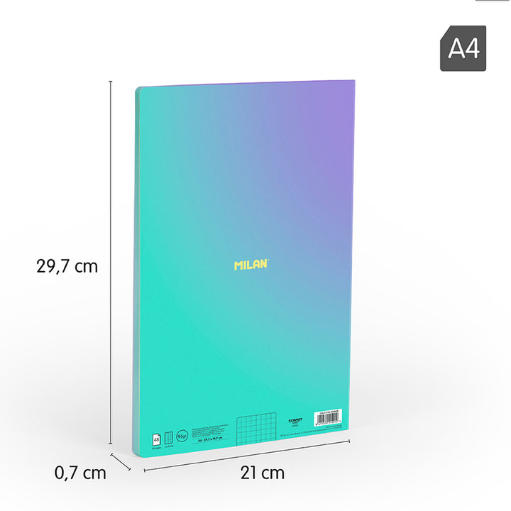 MILAN Sunset - Pack 3 Libretas A4 Encoladas. Papel Cuadriculado 48 Hojas 95gr Turquesa