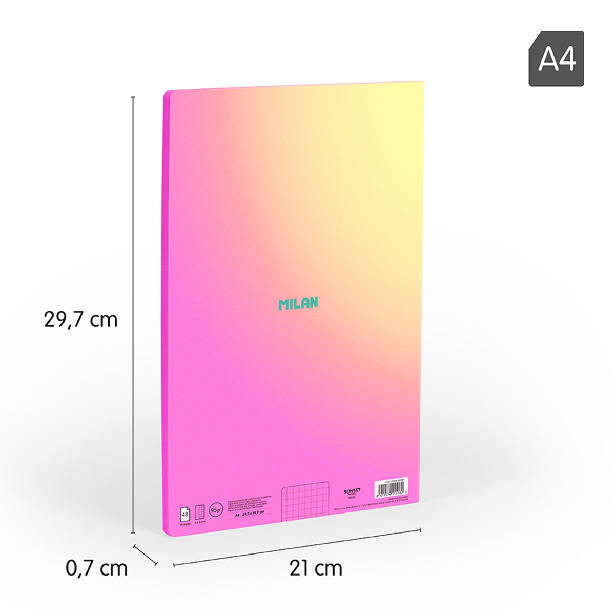 MILAN Sunset - Pack 3 Libretas A4 Encoladas. Papel Cuadriculado 48 Hojas 95gr Rosa