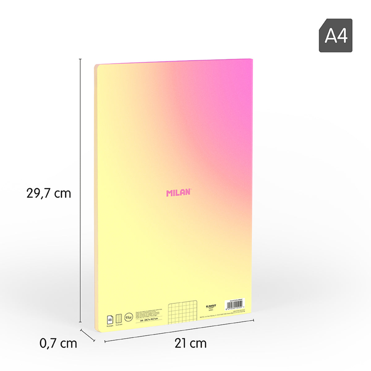 MILAN Sunset - Pack 3 Libretas A4 Encoladas. Papel Cuadriculado 48 Hojas 95gr Amarillo
