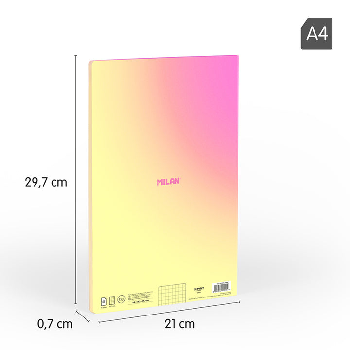 MILAN Sunset - Pack 3 Libretas A4 Encoladas. Papel Cuadriculado 48 Hojas 95gr Amarillo